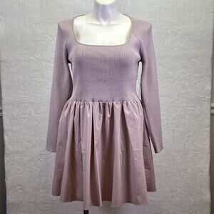 Express Fit & Flare Ribbed Square Neck Poplin Long Sleeve Mini Dress Rose XL
